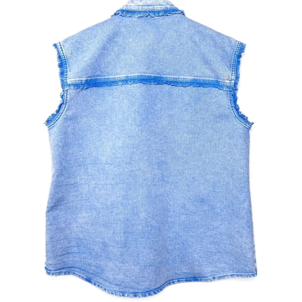 Cinq a Sept Tours Les Jours Vera Blue Denim Fringe Utility Cargo Vest Size XL - Picture 4 of 8